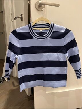 Chic Veronica Beard Striped Crewneck Top - Light Blue & Navy